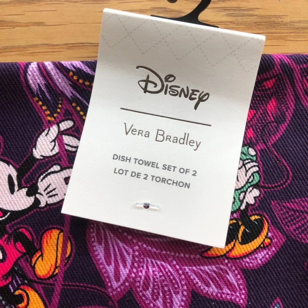 Vera Bradley Disney Dish Towel Mickey & Minnie's Flirty Floral Set of 2 NWT